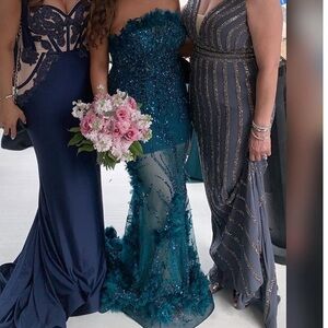 VLORA & KALTRINA Elegant Teal Strapless Sequin & Feather Evening Gown Custom